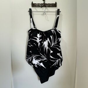 Black and white blouson top one-piece swimsuit